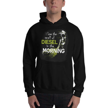 Man Posing in Diesel Truck Hoodie From Aggressive Thread - Color Black